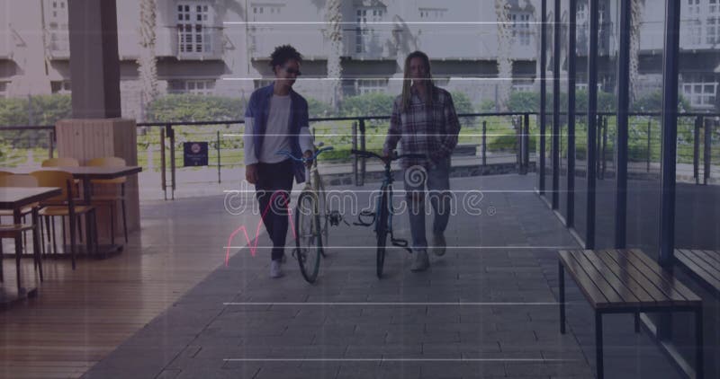 Image of financial data processing over diverse people with bikes in city royalty free stock images