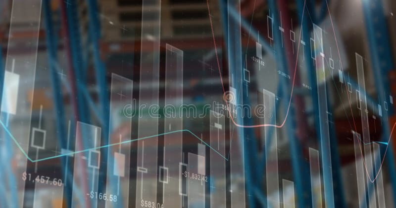 Image of financial data processing over empty warehouse stock illustration