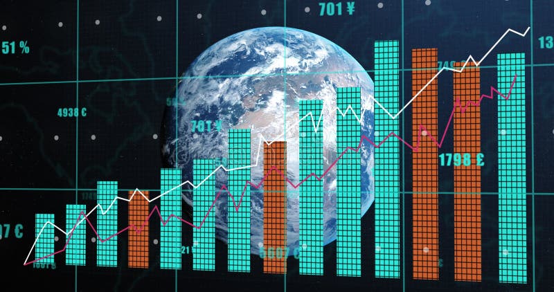 Image of financial data processing over globe. Global business, finances, computing and data processing concept digitally generated image