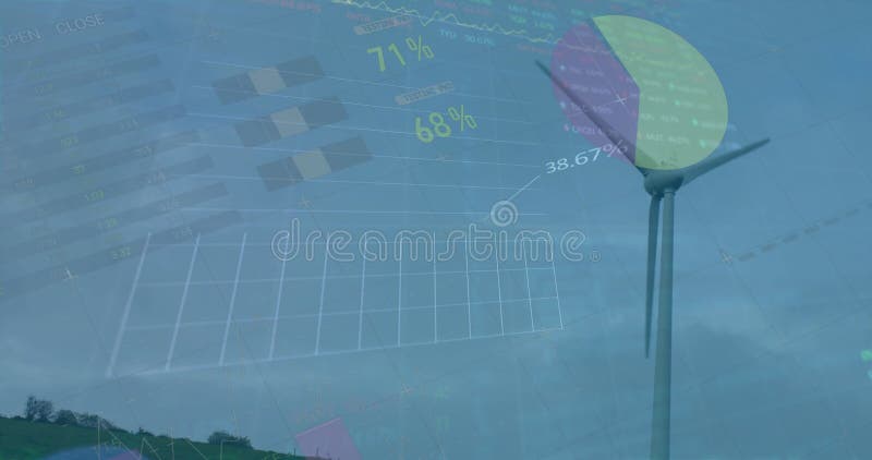 Image of financial data processing over wind turbine royalty free stock photography