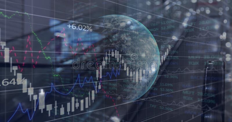 Image of financial graphs, data and globe over escalator stock photos