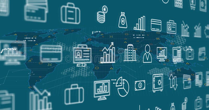 Image of financial icons over world map on green background stock photography