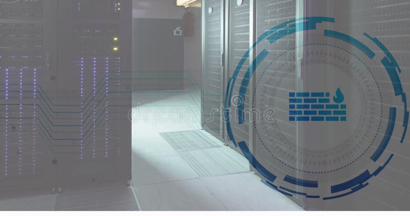 Image of firewall icon in loading circles over illuminated server racks in server room stock image