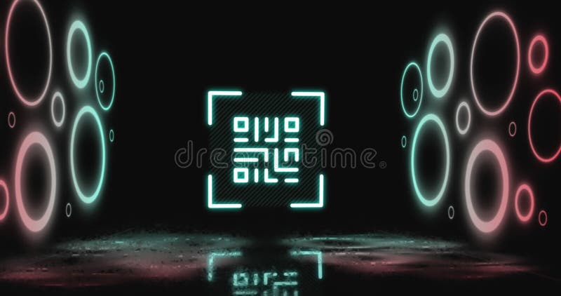 Image of flickering neon qr code scanner and circular shapes against black background vector illustration