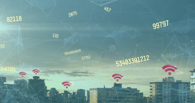 Imagine a numerelor flotante cu ajutorul plasei de conectare și al pictogramelor nete peste un peisaj cityscape royalty free illustration