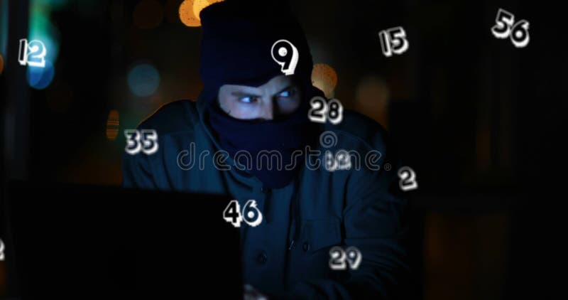 Imagine a numerelor plutitoare peste omul caucazian care utilizează un laptop royalty free stock images