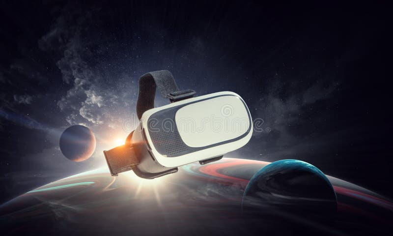 Image of floating virtual reality goggles. Mixed media