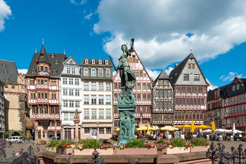 Image of Frankfurt, Germany - Old Town Square Romerberg with Justitia Statue in Frankfurt, Germany. Frankfurt is the Largest City Editorial Image - Image of urban, statue: 131026995
