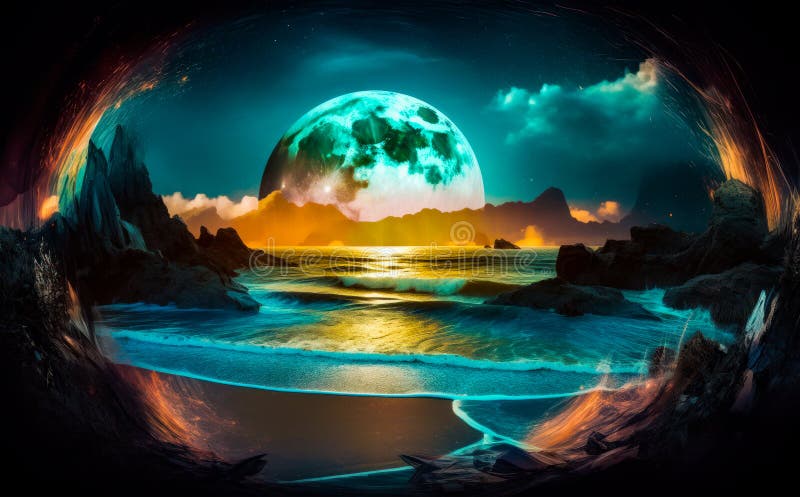 An Image of Full Moon Over the Ocean. Generative AI Stock Illustration ...