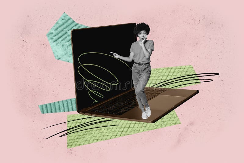 Image full trendy 3d collage poster of happy businesswoman stand laptop keypad video call coding hacker software stock photos