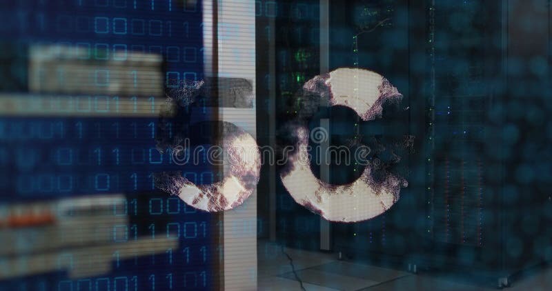 Image of 5g text, binary coding and data processing over computer servers. Global connections, computing and data processing concept digitally generated image