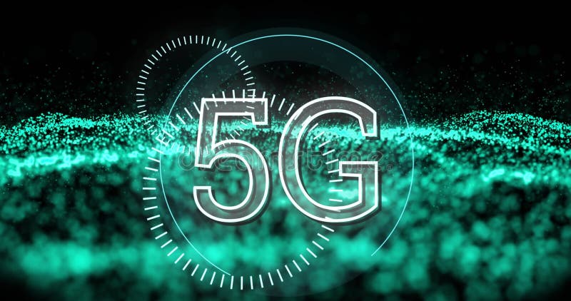 Image of 5g text over abstract waving mesh with green spots stock illustration