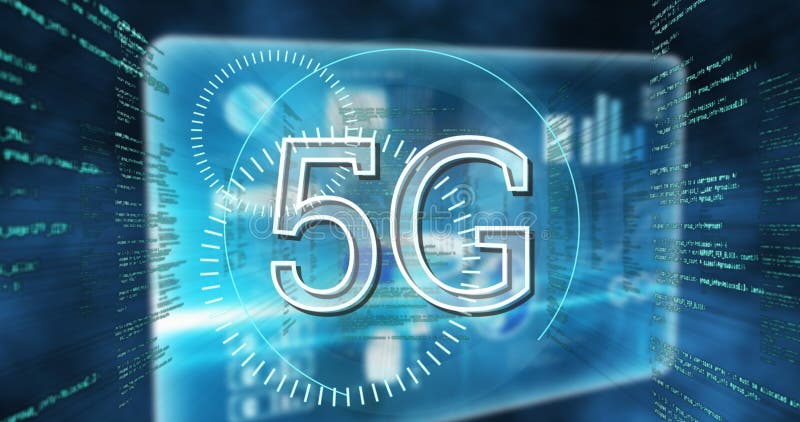 Image of 5g text, scope scanning and data processing on screens stock photos