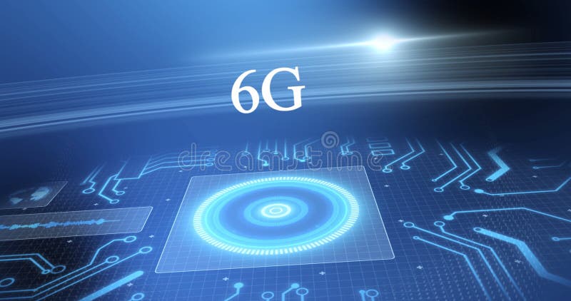 Image of 6g text with scope scanning and data processing on screens over grid royalty free illustration