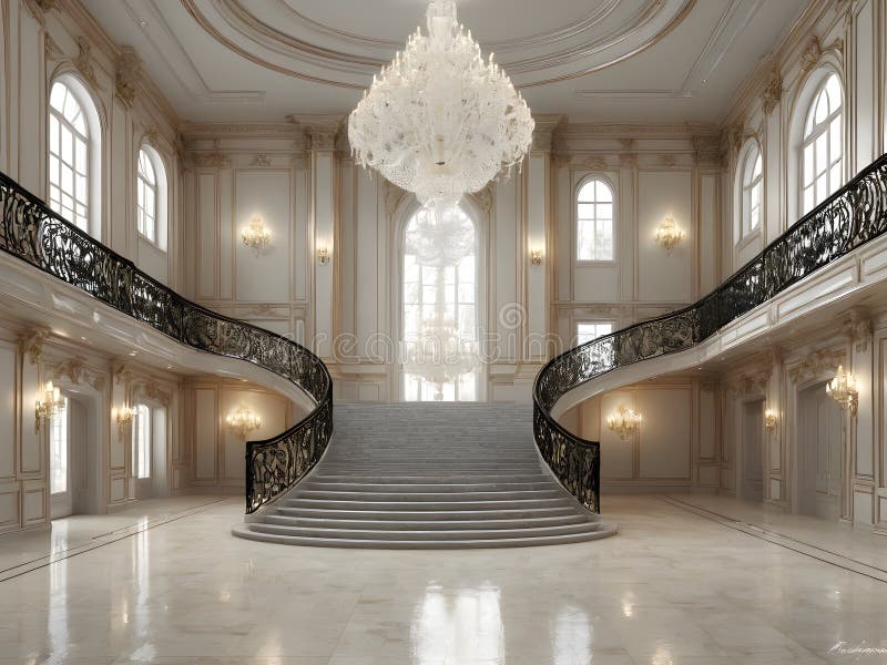 Staircase or stairs in large hall with crystal chandelier for wedding Luxurious romantic copy space. Image generated with AI. This image showcases a staircase in a grand hall adorned with a very large crystal chandelier, creating a luxurious and romantic setting perfect for weddings. The scene offers ample copy space, ideal for wedding invitations, event promotions, and elegant designs.