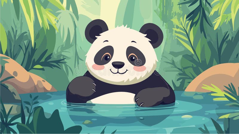 Relaxing Cute Panda in Onsen - Fluffy Asian Bear Bath stock illustration