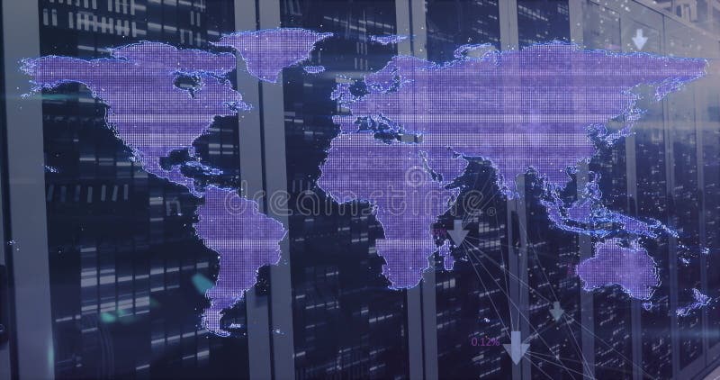 Image of glitch effect over world map against mosaic squares over computer server room. Global networking and business data storage technology concept