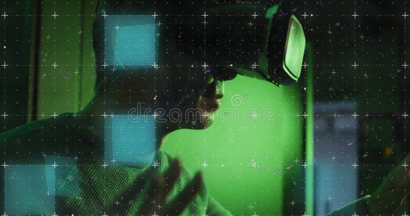 Image of glitch over asian wearing vr headset in server room stock image