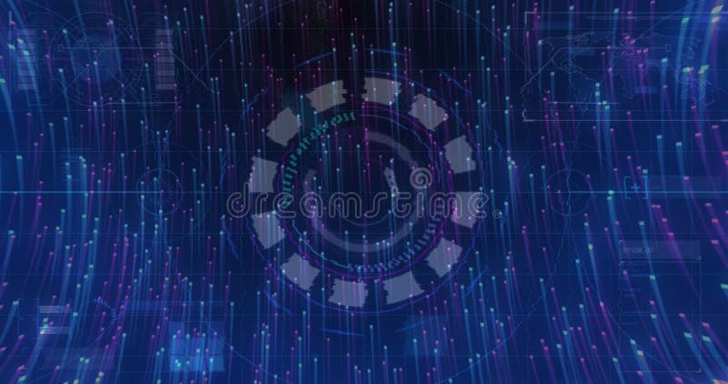 Image of glitch and processing over lights moving on navy background stock illustration