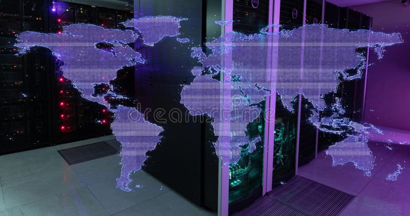 Image of glitch technique in map over illuminated server rack in server room royalty free stock images