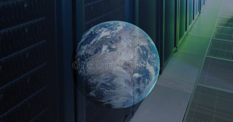 Image of globe moving over data server racks vector illustration