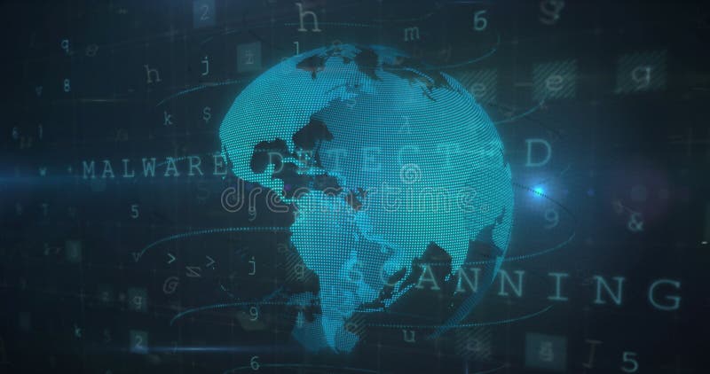 Image of globe, virus warning and digital padlock on black background royalty free illustration