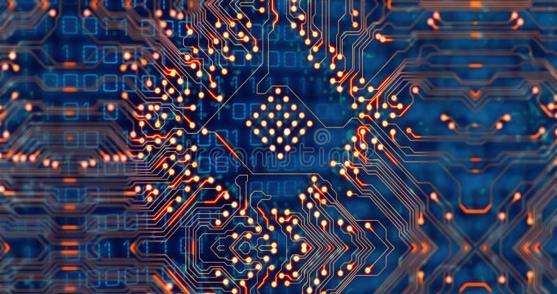 Image of glowing golden motherboard over binary data processing on blue background stock illustration