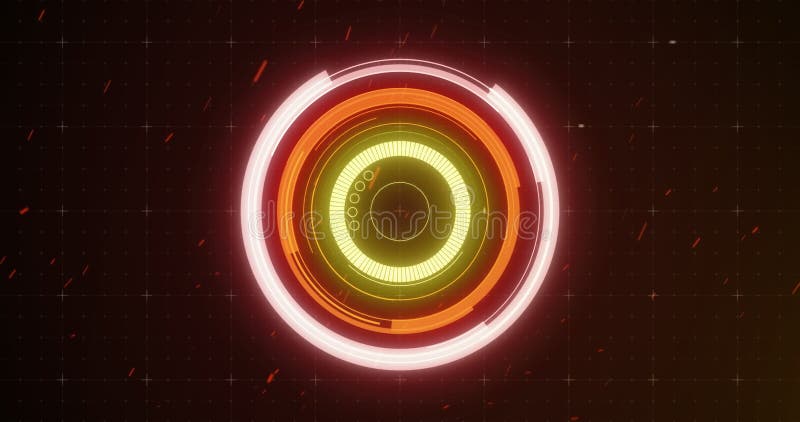Image of glowing orange and green scope scanning and spinning with glitch on grid background vector illustration