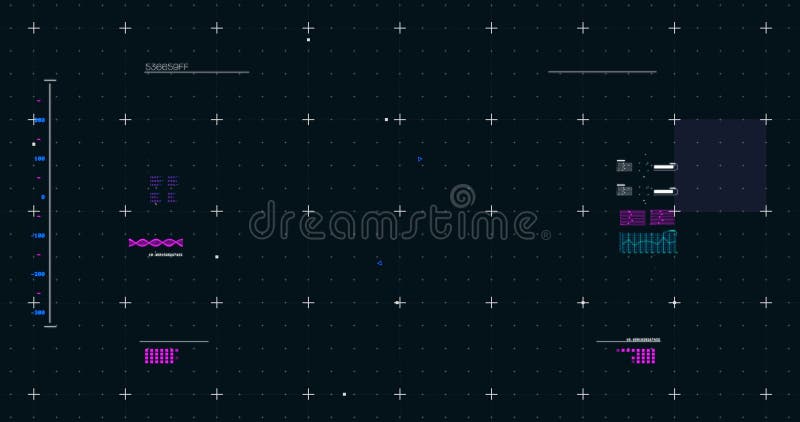 Image of glowing scope scanning data processing with markers on grid background stock illustration