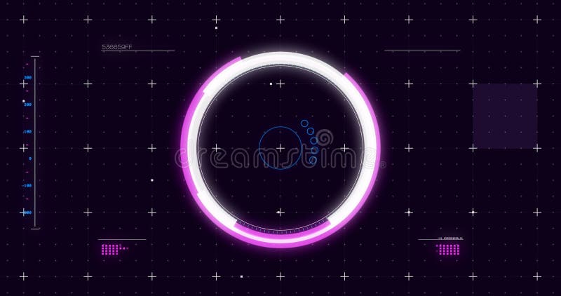 Image of glowing scope scanning and spinning with markers on grid background vector illustration