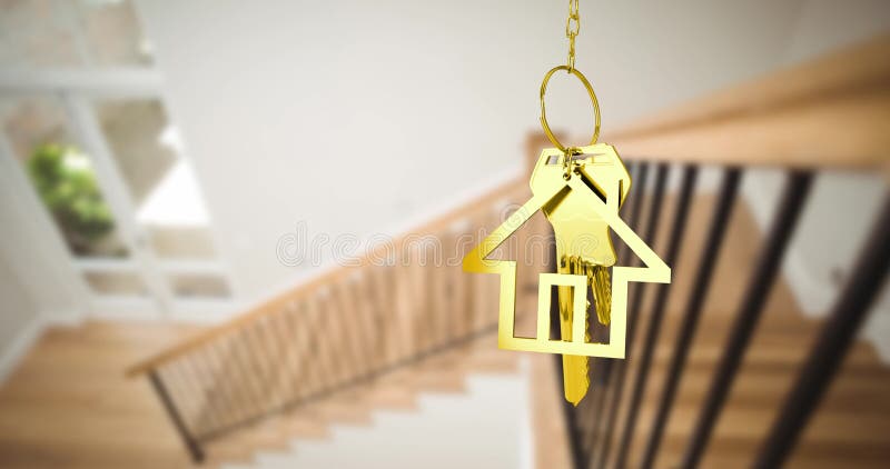 Image of golden key with house shape over stairs in house vector illustration