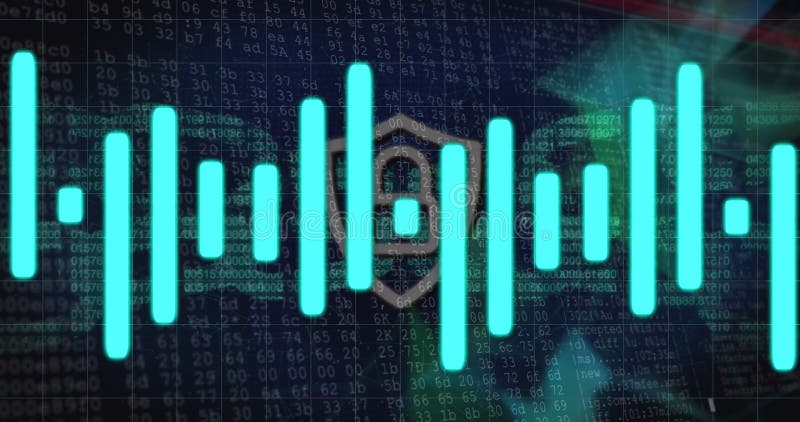 Image of graphs, block chain and digital padlock stock illustration