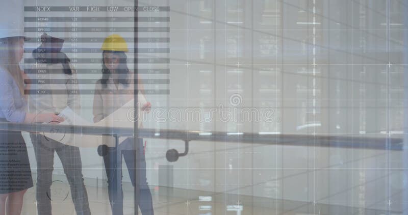 Image of graphs and charts processing data over diverse architects discussing blueprints stock photo