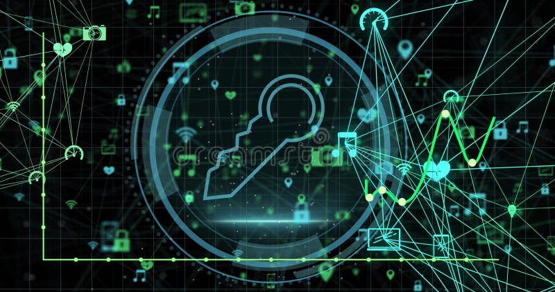 Image of graphs, cyber security, key and connections on black background stock illustration