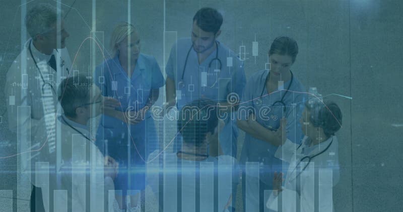 Image of graphs and data over diverse female and male doctors during consultation stock photo