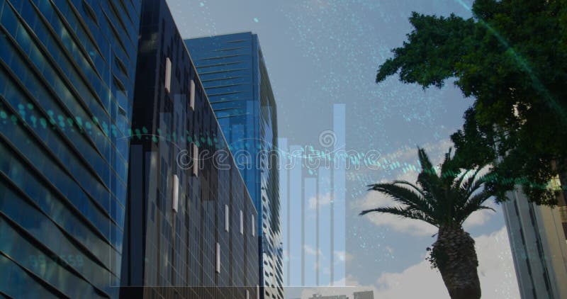 Image graphs, globe and changing numbers over low angle view of trees and modern buildings stock photos