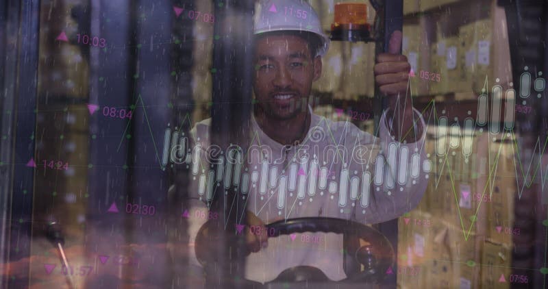 Image of graphs over biracial male warehouse worker stock images