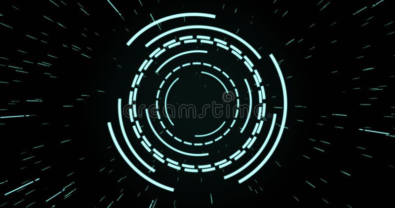 Image of green circular interfaces pulsating and spinning over specks on black background stock illustration