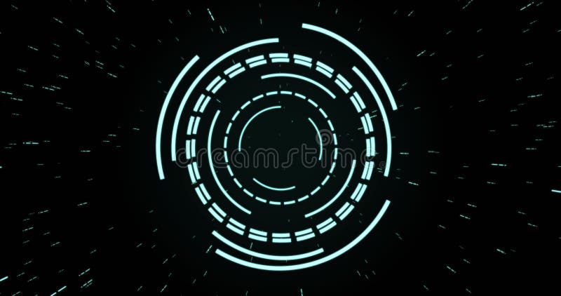 Image of green circular interfaces pulsating and spinning over specks on black background vector illustration
