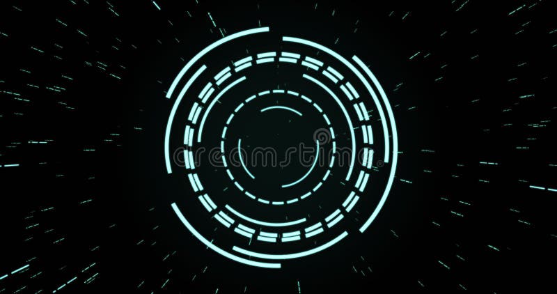 Image of green circular interfaces pulsating and spinning over specks on black background vector illustration