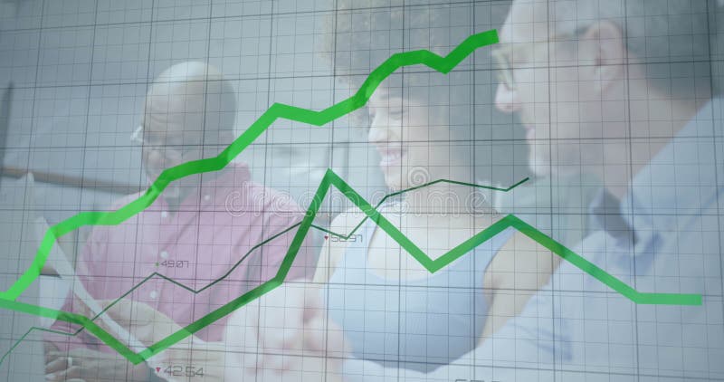 Image of green lines financial data processing over diverse people in office royalty free stock photos