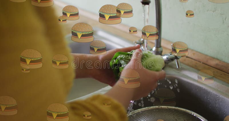 Image of hamburger icons over caucasian woman washing salat. Family, food and digital interface concept digitally generated image.