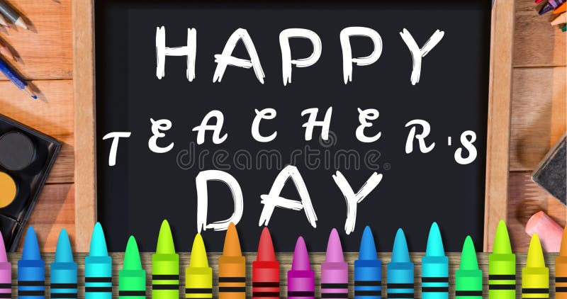 Image of happy day over blackboard and crayons stock illustration