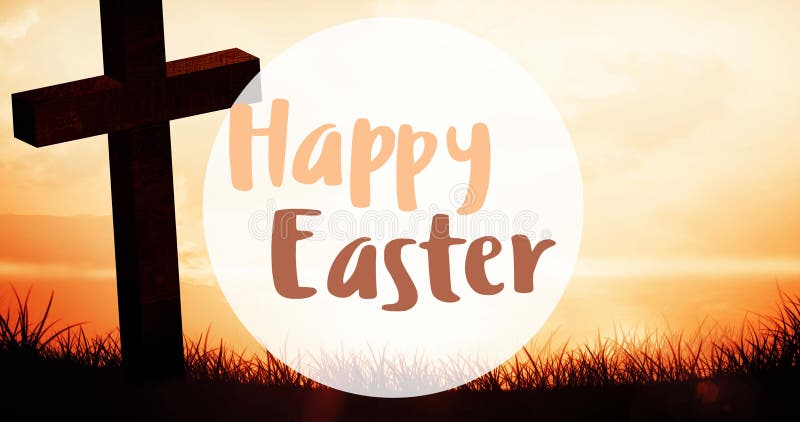 Image of happy easter text over cross and grass stock illustration