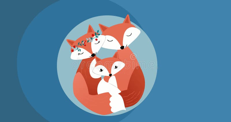 Image of happy fox family embracing on blue background vector illustration