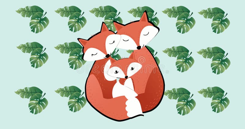 Image of happy fox family embracing on green background vector illustration