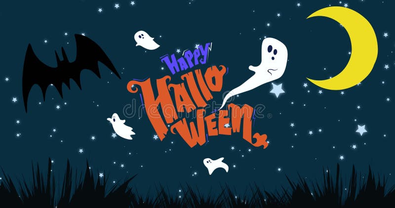 Image of happy halloween text over bat and ghost on night sky vector illustration