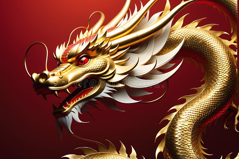 Mystic Dragon Dance: Chinese Dragon with Shimmering Golden Scales Coils Around Invisible Text, Red Background Fades to Deep royalty free illustration