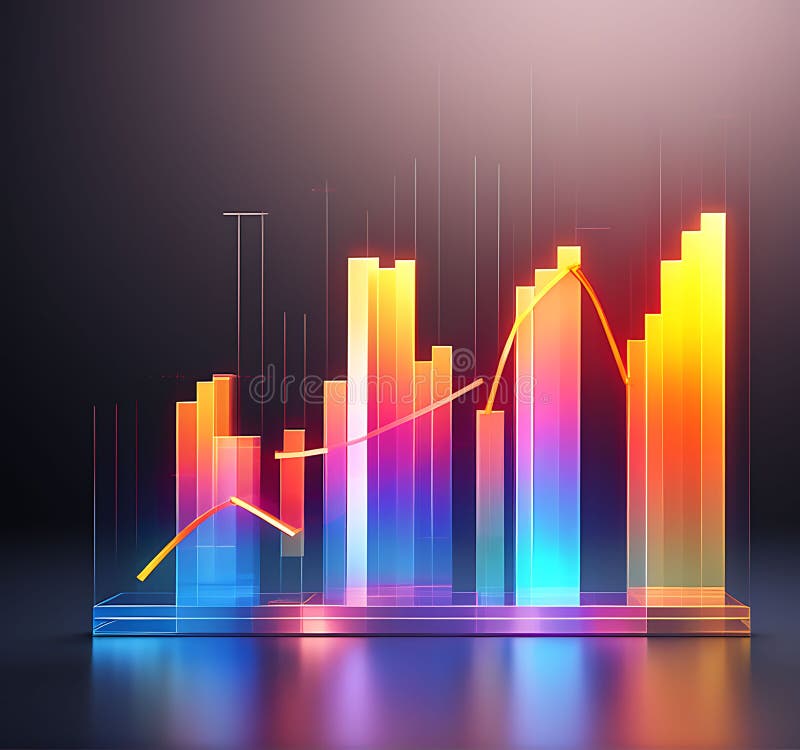 Glassmorphism Business Chart Up Icon: Colorful Gradient Light on Dark Background (3D Render vector illustration