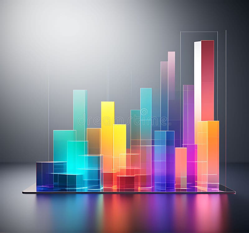 Glassmorphism Business Chart Up Icon: Colorful Gradient Light on Dark Background (3D Render vector illustration